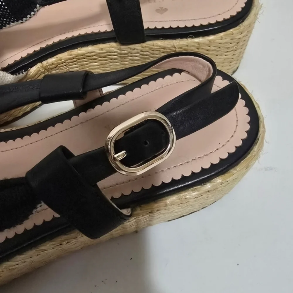 Kate Spade Black White Brown Plaid Bow Front Espadrille wedge sandals